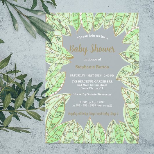 Invitation Baby shower Feuille d'or vert Aquarelle moderne