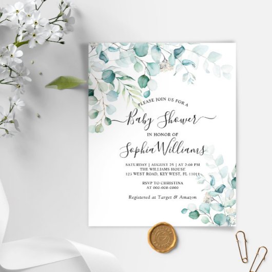 Invitation Baby shower Feuille Eucalyptus Budget