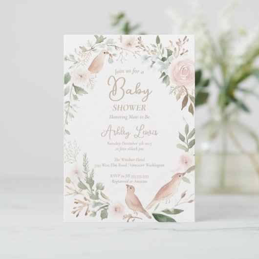 Invitation Baby shower feuille fleuri d'oiseau-bébé (Debout devant)