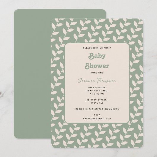 Invitation Baby shower Feuille Retro les années 70 Vert Sage  (Devant / Derrière)