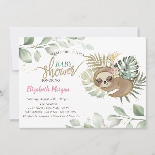 Invitation Baby shower Feuille Sleeping Sloth (Devant)