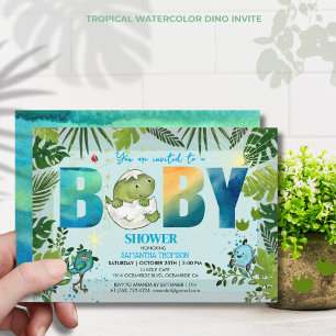 Invitation Baby shower Feuille tropical Aqua Dino
