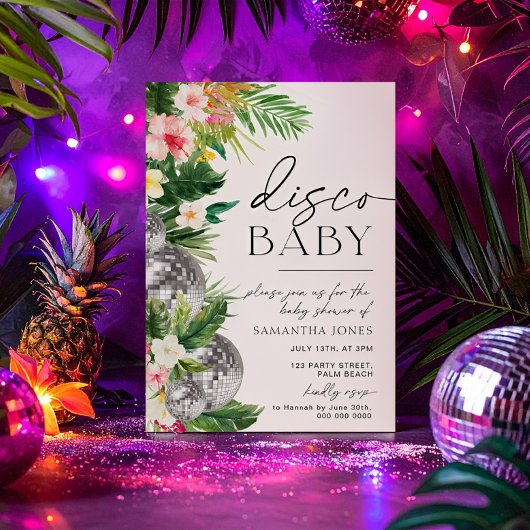Invitation Baby shower Feuille Tropical Disco Ball