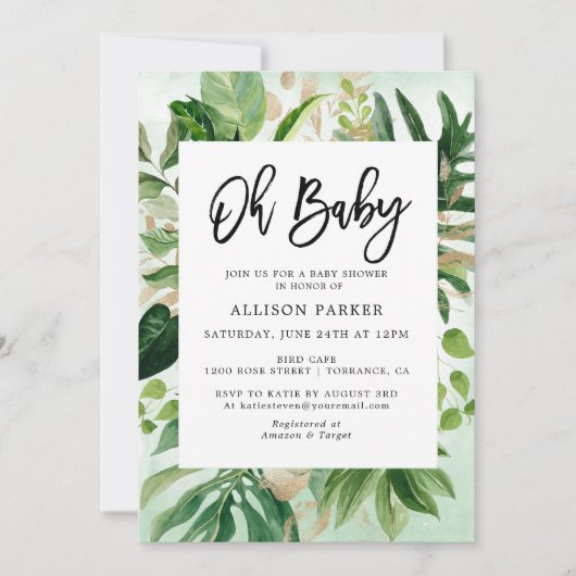 Invitation Baby shower Feuille tropique aquarelle (Devant)