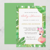 Invitation Baby shower feuille vert flamand rose tropical (Devant / Derrière)