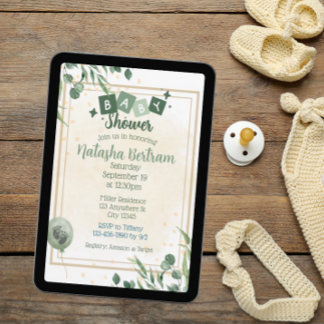 Invitation Baby Shower Feuilles Florales Aquarelle Verte