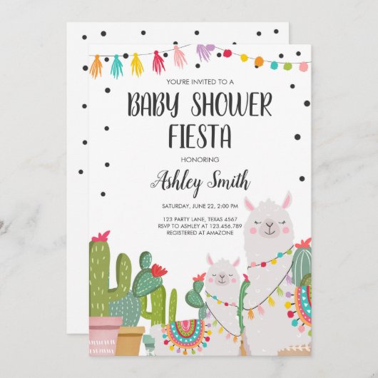 Invitation Baby shower Fiesta Cactus Llama Confetti Mexicaine (Devant / Derrière)