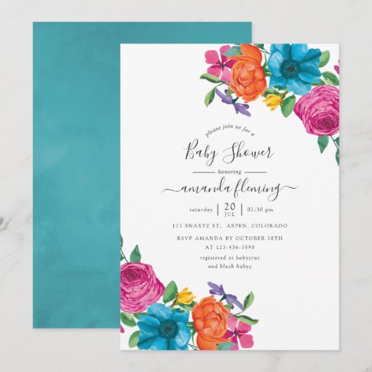 Invitation Baby shower Fiesta Floral Aquarelle (Devant / Derrière)