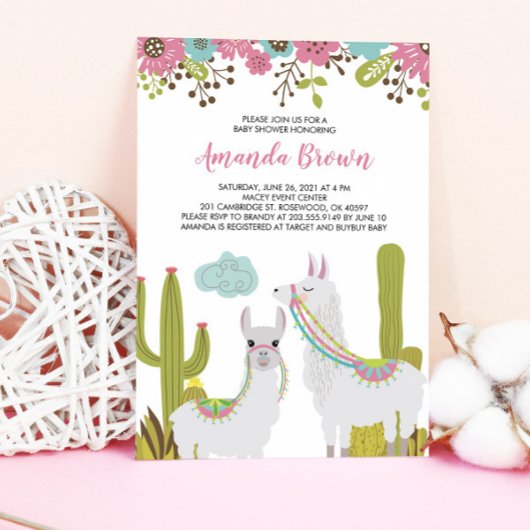 Invitation Baby shower Fiesta Llama et Cactus