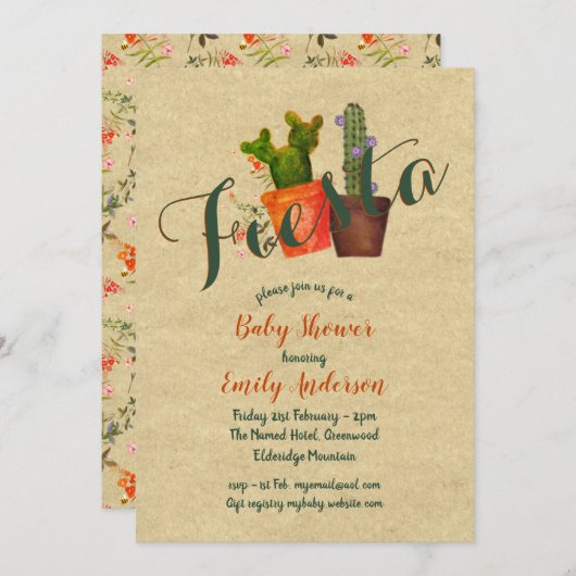Invitation Baby shower Fiesta mexicain Cactus rustiques (Devant / Derrière)