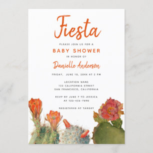 Invitation Baby shower Fiesta Rouge Cactus Fleurs Aquarelle