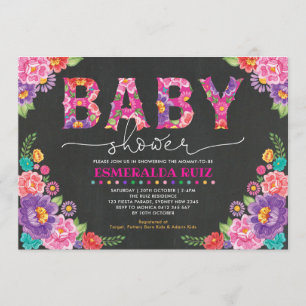 Invitation Baby shower Fiesta   Tableau noir Floral Mexicain