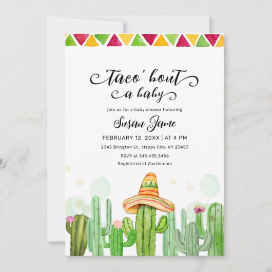 Invitation Baby shower Fiesta Taco Watercolor Cactus (Devant)