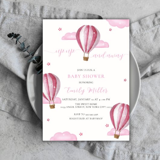 Invitation Baby shower Fille à Ballon Rose Elegant Hot Air