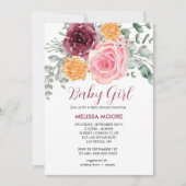 Invitation Baby shower fille à fleurs de automne rose bordeau (Devant)