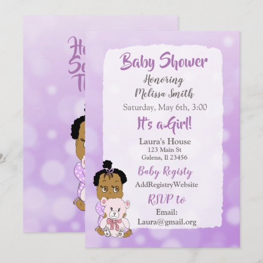 Invitation Baby Shower Fille Afro-Américaine (Devant / Derrière)