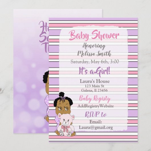 Invitation Baby Shower Fille Afro-Américaine (Devant / Derrière)