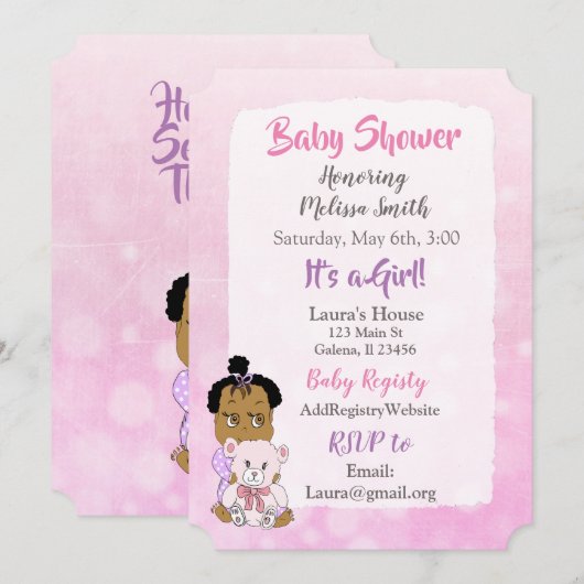 Invitation Baby Shower Fille Afro-Américaine (Devant / Derrière)