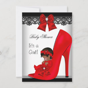 Invitation Baby Shower Fille Afro-Américaine Lacets Rouge Cha