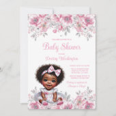 Invitation Baby shower fille Afro argent rose (Devant)
