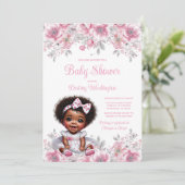 Invitation Baby shower fille Afro argent rose (Debout devant)