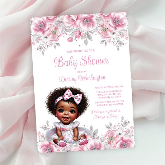 Invitation Baby shower fille Afro argent rose