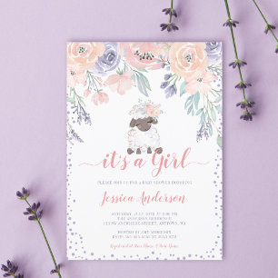 Invitation Baby Shower Fille Agneau Floral Rose Violet