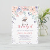Invitation Baby shower Fille agneau rose violet (Debout devant)