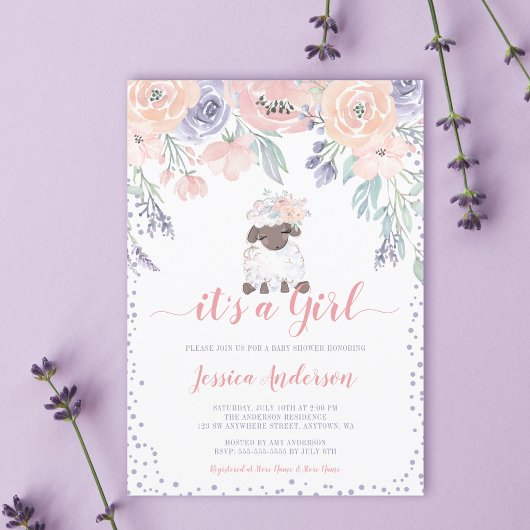 Invitation Baby shower Fille agneau rose violet