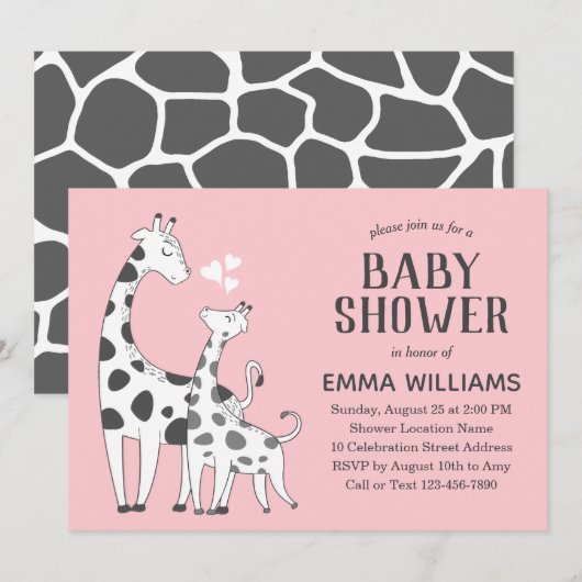 Invitation Baby shower fille animal rose mou moderne Giraffe (Devant / Derrière)