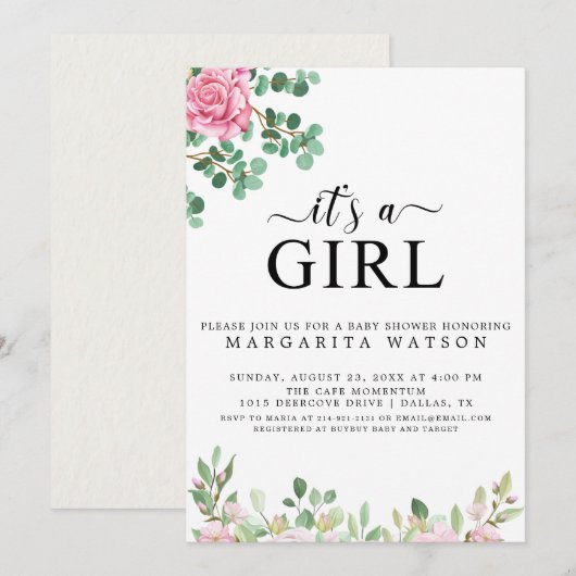 Invitation Baby shower Fille Aquarelle Rose Rose Cute (Devant / Derrière)