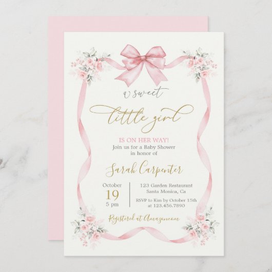 Invitation Baby shower fille arc rose (Devant / Derrière)
