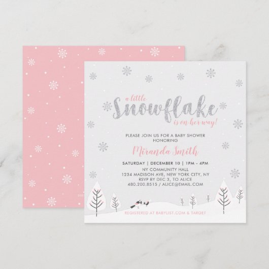 Invitation Baby shower fille argent et rose hiver Wonderland (Devant / Derrière)