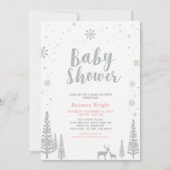 Invitation Baby shower fille argent et rose hiver Wonderland (Devant)