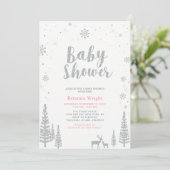 Invitation Baby shower fille argent et rose hiver Wonderland (Debout devant)