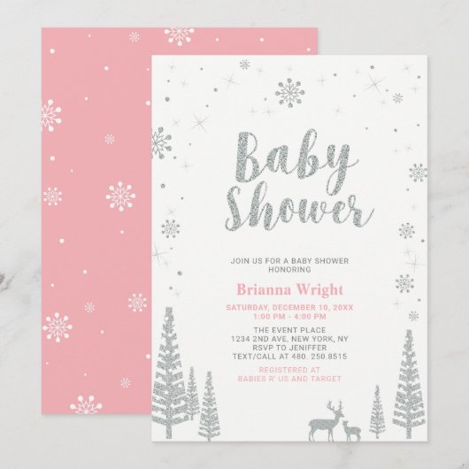 Invitation Baby shower fille argent et rose hiver Wonderland (Devant / Derrière)