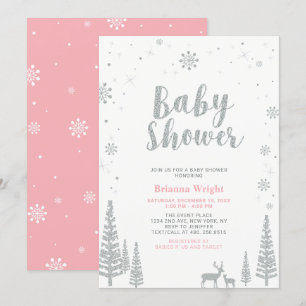 Invitation Baby shower fille argent et rose hiver Wonderland