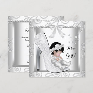 Invitation Baby Shower Fille Argent Gris Blanc Diamant Chauss