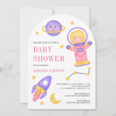 Invitation Baby Shower Fille Astronaute Rose Espace Extérieur (Devant)