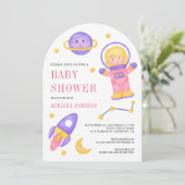 Invitation Baby Shower Fille Astronaute Rose Espace Extérieur (Debout devant)