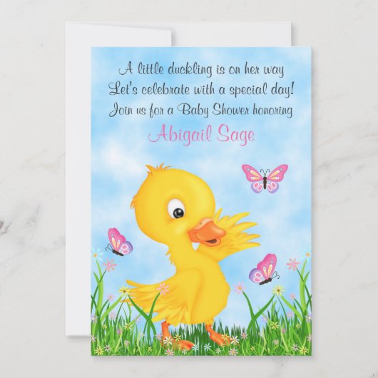 Invitation Baby shower fille aux canards mignons et papillons (Devant)