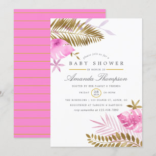 Invitation Baby Shower Fille aux Feuilles Tropicales Rose et