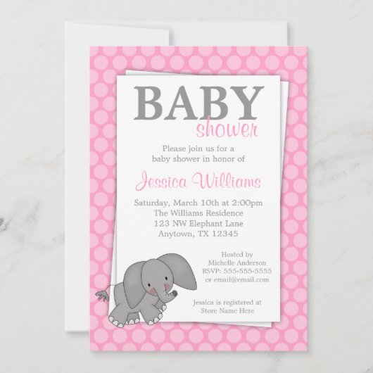 Invitation Baby shower fille aux points roses éléphants (Devant)