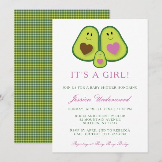 Invitation Baby shower fille Avocado mignonne port (Devant / Derrière)