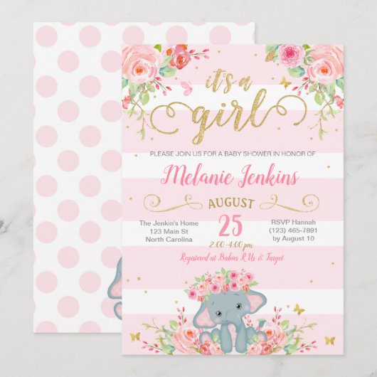 Invitation Baby shower fille, Baby shower éléphant (Devant / Derrière)