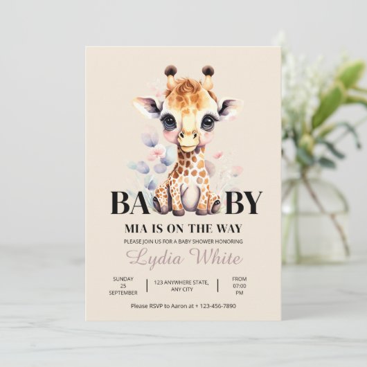 Invitation Baby shower fille Baby shower Giraffe ÉDITABLE (Debout devant)