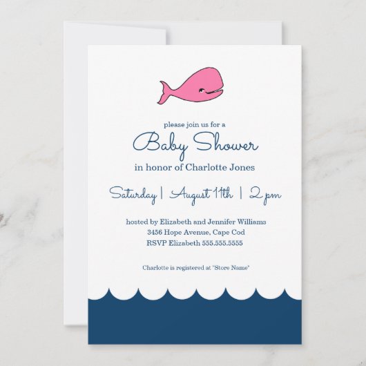 Invitation Baby shower fille baleine rose (Devant)