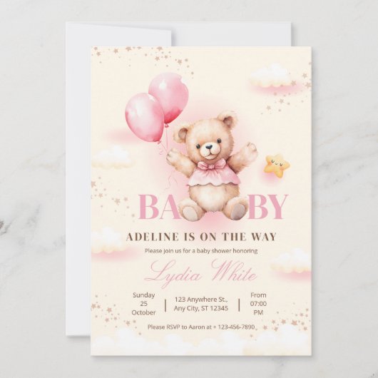 Invitation Baby shower fille, Ballons d'ours en pe (Devant)