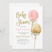 Invitation Baby shower fille ballons rose et or (Devant / Derrière)