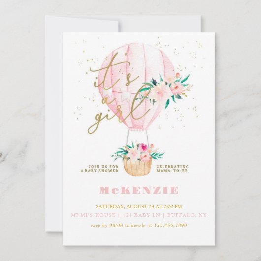 Invitation Baby shower Fille Balloon Rose Floral (Devant)